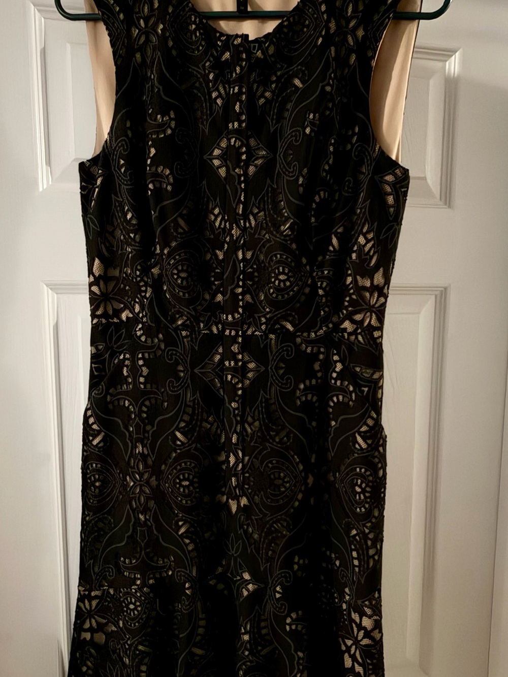 BCBGMaxAzria Black Lace Midi Dress with Nude Lining with pockets